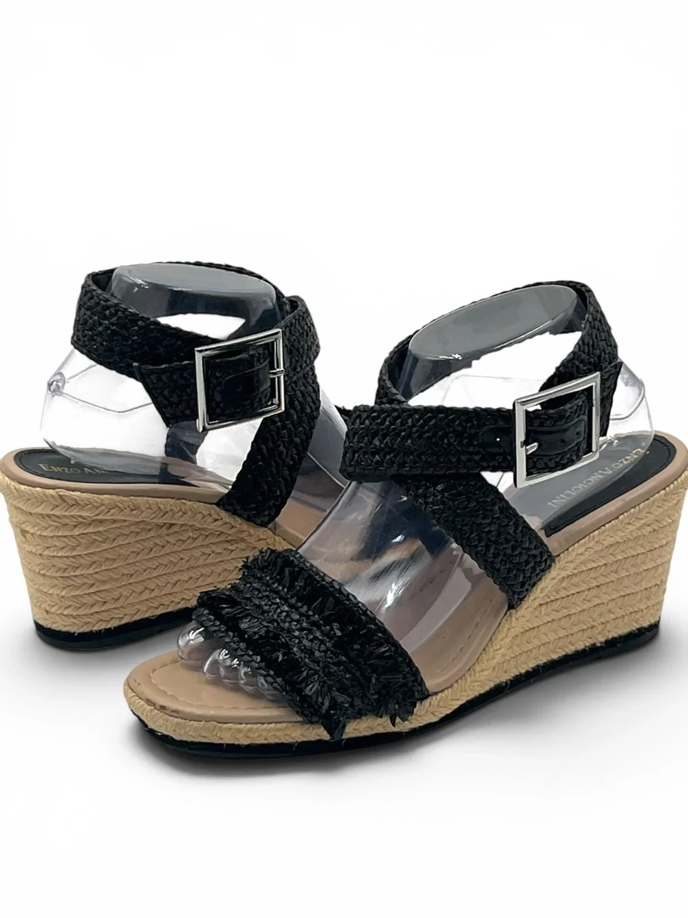 Enzo Angiolini Porcie2 Raffia Espadrille Wedge Sandals Black Ankle Strap Size 9
